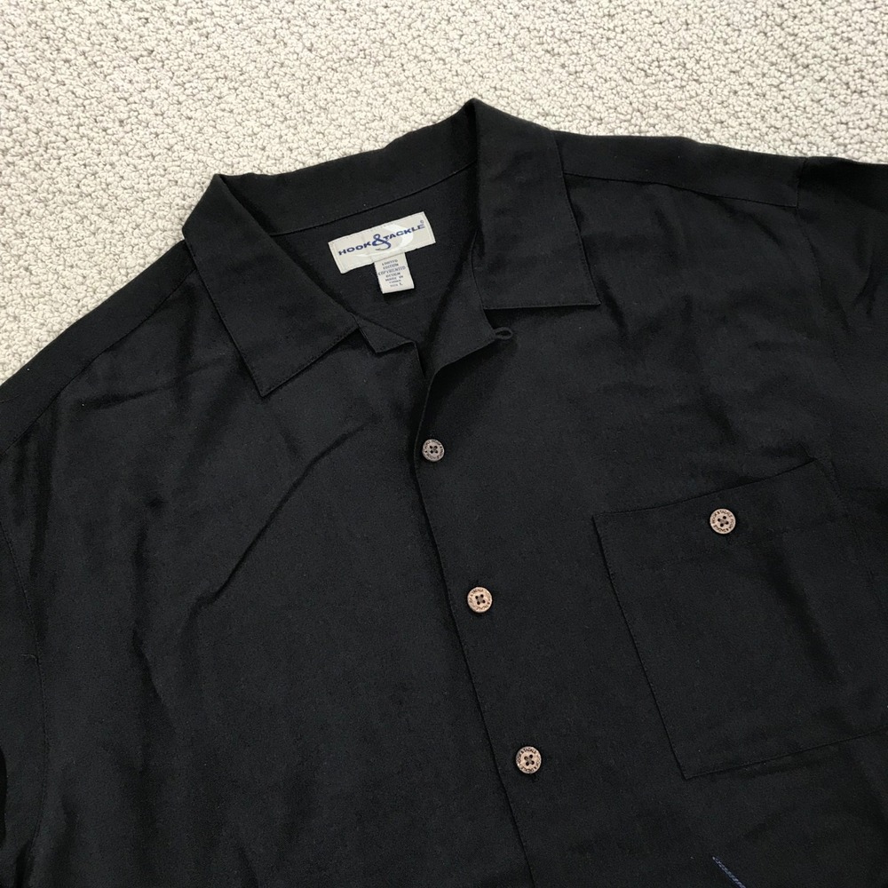 Hook & Tackle Mens Black Embroidered Sailfish Fishing Camp Shirt Large Rayon L